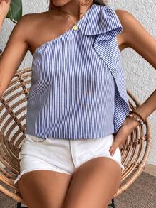 Calvaya Women's Asymmetric Neckline Sleeveless Striped & Printed Casual Shirt, Summer One Shoulder Top - Blue - View 4