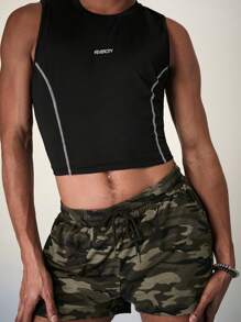 FeverCity Conjunto de camiseta sin mangas y pantalones cortos de camuflaje de ajuste delgado de color de contraste para hombres en verano - Multicolor - Ver 3