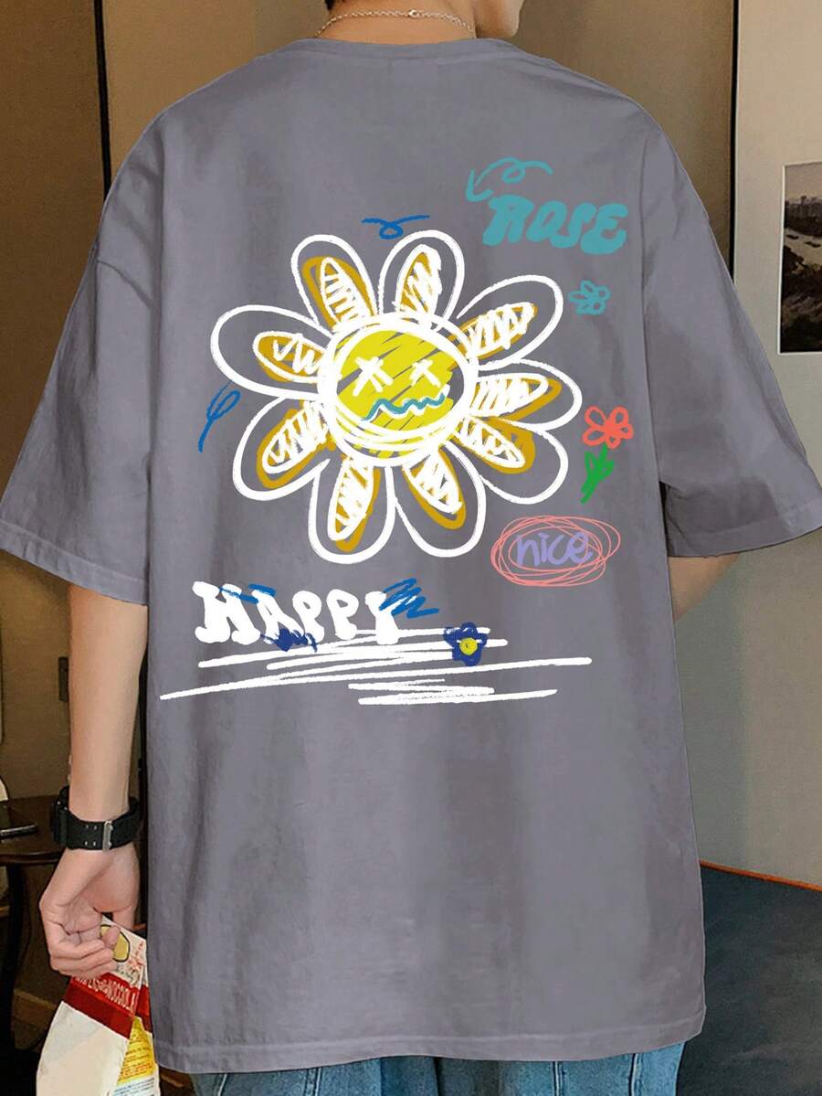 Manfinity Hombres Camiseta de hombros caídos con estampado de dibujos animados y letra - Gris - Ver 1