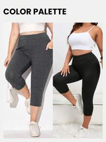 SHEIN Essnce 大碼素色七分打底褲帶手機袋 - 深灰色 - 查看 3