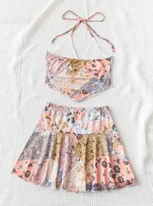 Soleia Conjunto de top halter y falda con estampado de patchwork para vacaciones de verano - Amarillo - Ver 2