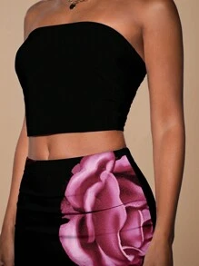 SHEIN BAE 純色女士貼身無肩帶上衣和長款印花裙套裝，適用於度假 - 黑色 - 查看 3