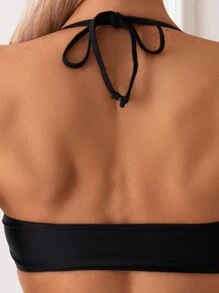 SHEIN Swim Women's Summer Beach Solid Color Round Neck Ruched Halter Tie Two-Piece Bikini Set - Black - View 4