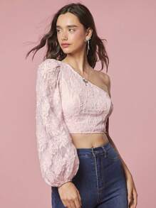 Enchnt 單肩蕾絲刺繡精緻浪漫上衣 - 粉色 - 查看 8