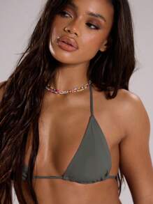 Musera Resort Summer Beach Tie Back Halter Neck Triangle Bikini Top Vacation Summer Beach Vacation Ibiza Boho Fall Spring - Dark Grey - View 1