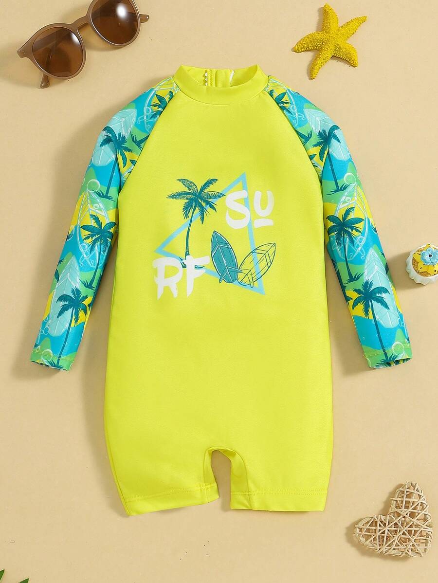 SHEIN Baby Boy/Girl Casual Plant Pattern Long Sleeve Short Romper Swimsuit - Yellow - View 1