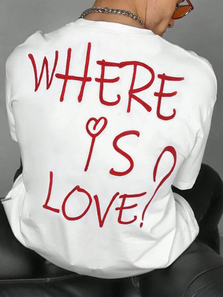 Manfinity Hypemode Maglietta casual a maniche corte da uomo per l'estate, con stampa di lettere e cuori, scollo rotondo, adatta per lo stile di strada, per rapper, per uscire - Bianco - Visualizzare 1