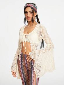 ROMWE Hippie Ladies' Boho Style Lace Ruffle Hem Tie-Front Bell Sleeve Top, Vacation - Apricot - View 5