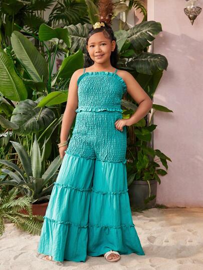 SHEIN Tween Girl Extended Size Vacation/Casual Spring/Summer Solid Color Woven Tank Top And Wide Leg Pants Set