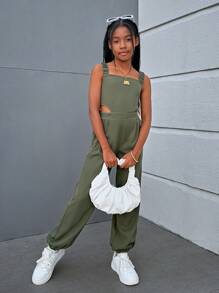 SHEIN Macacão de Cor Sólida Legal e Moderno de Estilo Street para Meninas Adolescentes, com Alças Cruzadas na Parte de Trás e Decote Aberto, Primavera/Verão - Verde - Visão 3