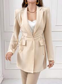 Modelyn Women's Long Side Lace-Up Design Suit Jacket - Apricot - View 3