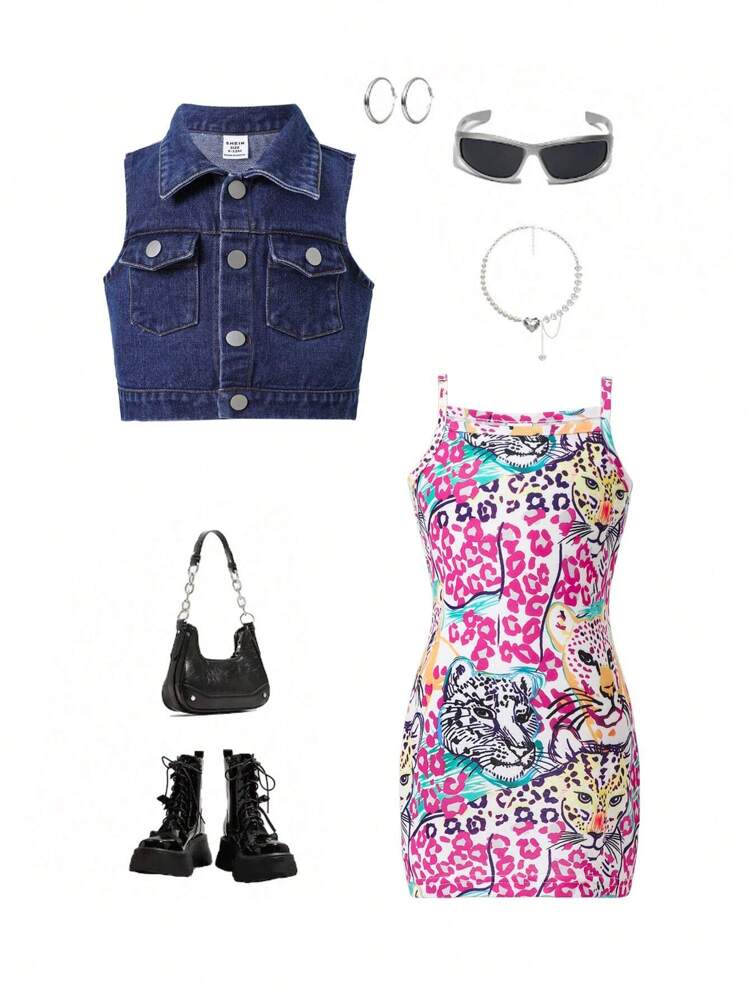 Baby Girl Denim Jacket + Printed Cami Dress Set, 2pcs