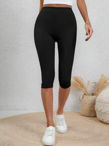 SHEIN LUNE Mujeres leggins apretados con impresión de girasoles de longitud media, para uso casual en verano - Negro - Ver 3
