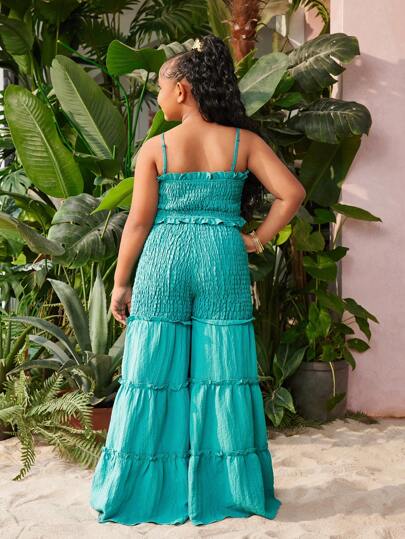 SHEIN Tween Girl Extended Size Vacation/Casual Spring/Summer Solid Color Woven Tank Top And Wide Leg Pants Set