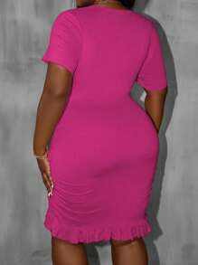 Maweii 大码女式时尚镂空系带不对称下摆连衣裙 - 玫紅色 - 查看 2