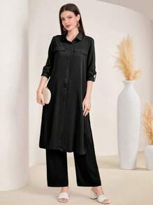 Mulvari Bộ hai món áo dài tay cuộn tròn màu trơn và quần âu thông thường cho nữ Xuân/Hè - màu đen - Xem 5