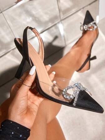 CUCCOO CHICEST Woman Shoes Rhinestone Decor Pyramid Black Heeled Slingback Fashion Pumps For Summer Graduation Heels Prom Heels Vacation Shoes Summer Elegant Heels Back To School Shoes College Student Shoes Spring Shoes Spring Break Easter