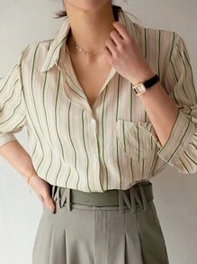 DAZY 女式条纹长袖休闲工作衬衫学院风上衣