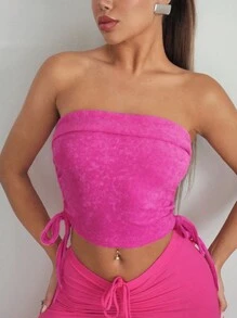 SHEIN ICON 女性Y2K夏季裝搭配，無肩帶可調式紅色短上衣，純色款式 - 玫紅色 - 查看 6