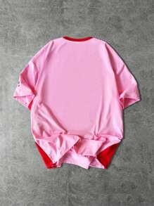 Manfinity Roghcode Men's Summer Letter Printed V-Neck Short Sleeve Casual Pink Men School T-Shirts - Pink - View 2