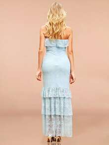 Elegant Summer Strapless Dress With Stretchy Lace Material, Asymmetric Hemline And Ruffles - Royal Blue - View 2