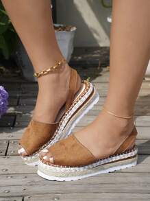大码女式厚底坡跟凉鞋，夏季新款踝带露趾编织厚底凉鞋 - 棕色 - 查看 6