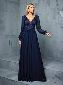 3D Applique Patchwork Long Sleeve Chiffon Maxi Bridesmaid Dress - Navy Blue - View 5