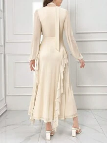 Modelyn Women's Solid Color Pleated Lantern Sleeve Long Elegant Arabian Dress Long Evening Dresses - Yellow - View 2