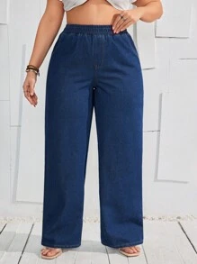 SHEIN VCAY Jeans casuales de pierna recta para el día a día, talla grande con cintura elástica de Coolmax