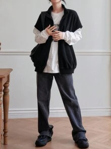 Dazy-Less 拉链蝙蝠袖羊毛背心外套复古风格女式夹克，秋季女装 - 黑色 - 查看 6