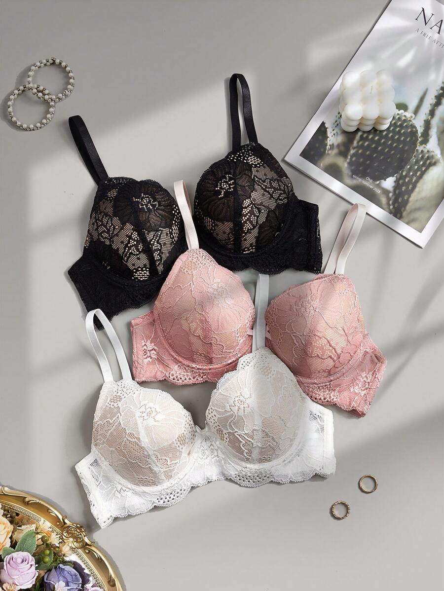 女士纯色蕾丝钢圈文胸，三件套，内衣