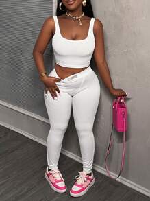 Slaydiva Simple Summer Sports Set For Women, Including Basic Tight-Fit Knitted Rib Top With Square Neck And High Elastic Waistband Skinny Pants, 2pcs/Set, Style E - White - View 3