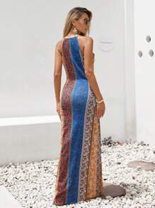 RueChic Summer Vacation Printed Patchwork Halter Maxi Bohemian Dress - Multicolor - View 2