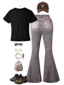 SHEIN Conjunto de dos piezas de estilo callejero de moda punk para niña preadolescente con camiseta de manga corta y pantalones largos casuales