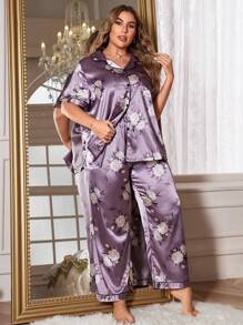 Plus Size Contrast Trimmed Printed Short Sleeve Top & Long Pants Silk-Like Pajama Set - Purple - View 1