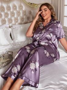 Plus Size Contrast Trimmed Printed Short Sleeve Top & Long Pants Silk-Like Pajama Set - Purple - View 2