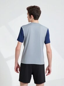 Ensemble de sport pour adolescente, avec haut à manches courtes à blocs de couleur et short de couleur unie, pour l'été - Gris - Voir 2