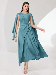 Modelyn Long Cloak Sleeve Wrap Knot Side Modest Dress - Cadet Blue - View 1