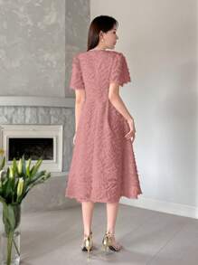 DAZY Lantern Sleeves Single-Breasted A-Line Slim Chiffon Dress Summer Sundress - Coral Pink - View 5