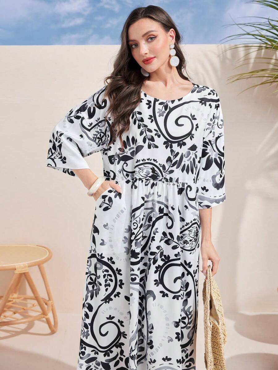 Al Najma Women's Fashionable Summer Loose Vacation Style Printed Dress - Black and White - View 1