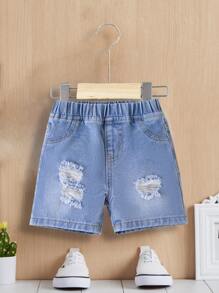 SHEIN Baby Boys Elastic Waist Distressed Solid Color Denim Shorts For Summer - Light Wash - View 1