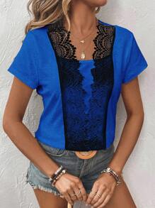 SHEIN LUNE T-shirt à manches courtes pour dames avec bordure en dentelle et boutons pour l'été