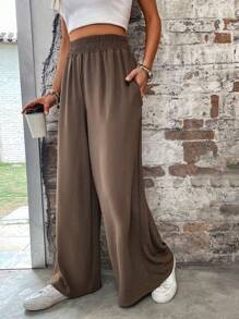 SHEIN LUNE Casual Solid Color High Waist Wide Leg Pants Fall Cloth For Women - Coffee Brown - View 6
