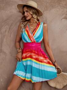 SHEIN LUNE Casual And Bright Sleeveless Criss-Cross Tie-Dye Women's Summer Holiday Dress - Multicolor - View 4