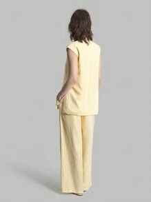 Ontre 2pcs Women's Solid Simple Cotton Casual Sleeveless Top And Pants Set, Cream Yellow, For Autumn, Back To School, Daily Wear