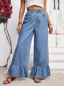 SHEIN Tall Women's Ruffled Hem Wide Leg Loose Casual Denim Jeans - Blue - View 6