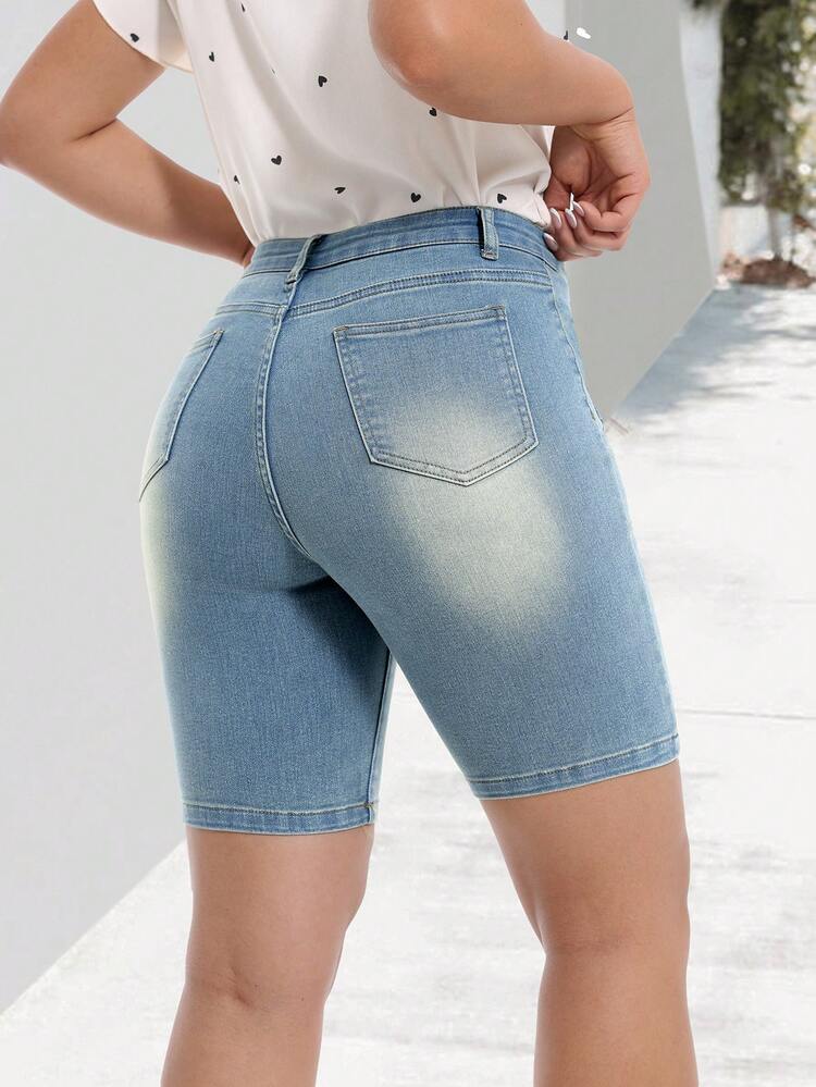 Women's Plain Simple Denim Vintage Style Mid Length Shorts For Daily Wear