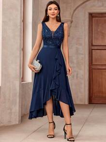 MIUSOL Deep V-Neck Contrast Color Lace & Sequin Patchwork Ruffle Hem Chiffon Maxi Dress, Elegant Formal Party Gown Suitable For Prom, Semi-Formal Wedding Guest, Birthday, Graduation Ceremony, Homecoming And Other Occasions - Navy Blue - View 2