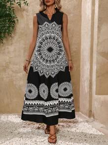 SHEIN LUNE 花卉印花v領連衣裙,帶斜口袋 - 黑與白 - 查看 1