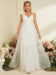 3D Rose Detail Contrast Mesh Formal Dress - Apricot - View 1